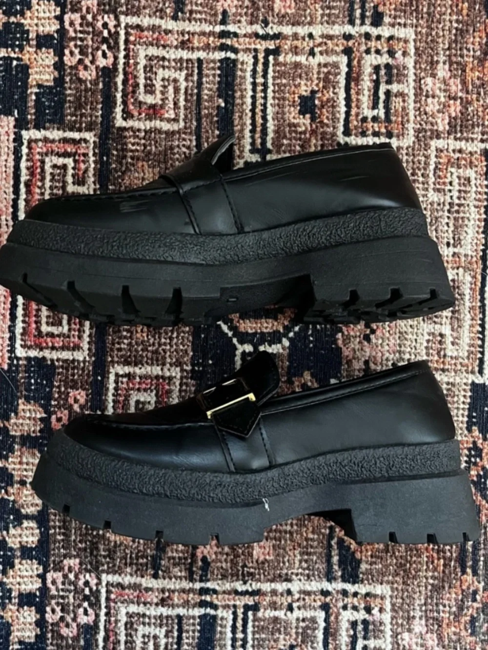 Qupid Black Chunky Faux Leather Platform Loafers with Gold Buckle